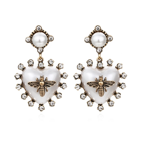 Pendientes Colgantes De Abeja Perla Artificial En Forma De Corazón Barroco Vintage Aleación Diamantes De Imitación Joyería Elegante