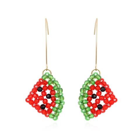 Watermelon Beaded Drop Earrings Summer Handmade Woven Resin Fruit Jewelry With Gold Metal Hooks For Women