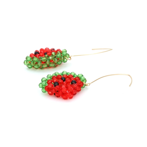 Watermelon Beaded Drop Earrings Summer Handmade Woven Resin Fruit Jewelry With Gold Metal Hooks For Women