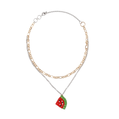 Collier Pendentif Pastèque Superposé Chaîne En Métal Bicolore Perles Tissées À La Main Style Fruit Pour Femmes