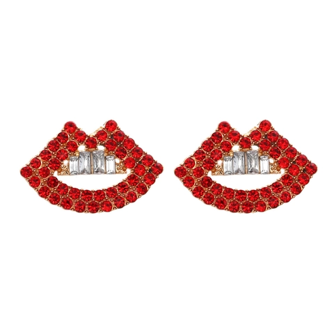 Rhinestone Red Lip Stud Earrings Gold Alloy Lip Shape Exaggerated Retro Sparkly Personality Jewelry For Women