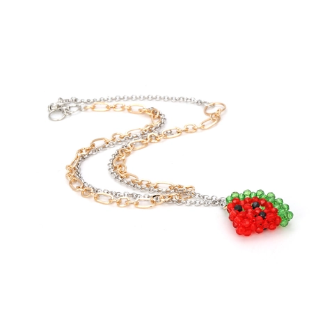 Collier Pendentif Pastèque Superposé Chaîne En Métal Bicolore Perles Tissées À La Main Style Fruit Pour Femmes