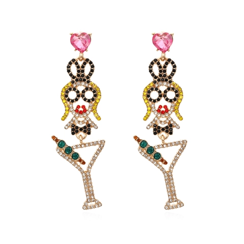 Long Drop Earrings Alloy Rhinestone Pink Heart Cartoon Girl Martini Wine Glass Dangle Fashion Jewelry For Women