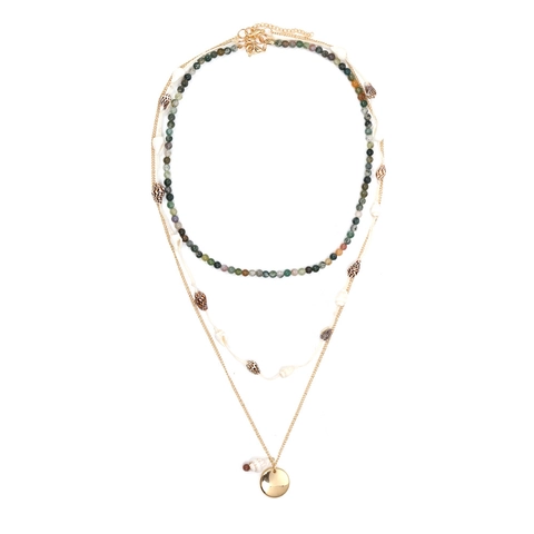 Bohemian Layered Necklace With Natural Shell And Stone Beads Vintage Gold Round Pendant Beach Jewelry For Women