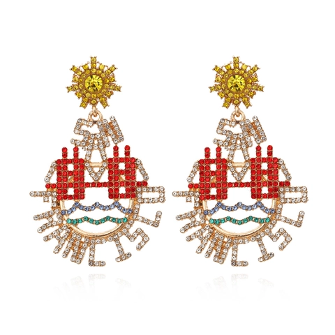 Hangoorbellen Van Zinklegering Kleurrijke Strass Hol Zonpatroon Letters Boheemse Stijl Overdreven Sieraden Voor Dames