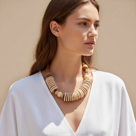 Handmade Wood Beaded Necklace Bohemian Geometric Disc Ball Chunky Statement Vintage Collar For Women