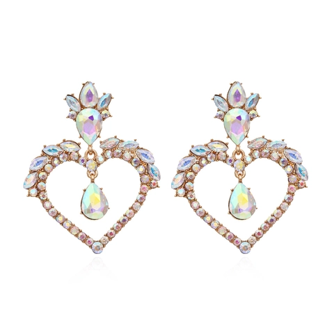 Hollow Heart Shaped Alloy Dangle Earrings With Multicolored Rhinestone And Teardrop Pendant Luxury Statement Jewelry