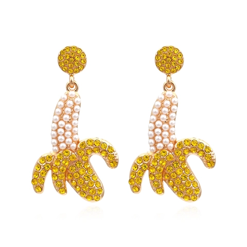 Banana Shape Dangle Earrings Shiny Yellow Rhinestones White Faux Artificial Pearl Zinc Alloy Fruit Tropical Vacation Style Women