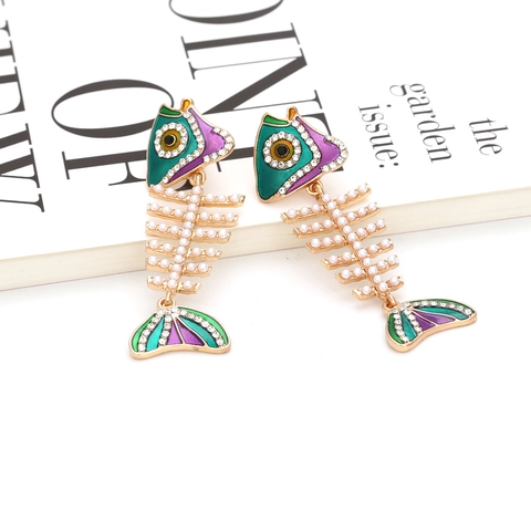 Pendientes De Gota Espina De Pescado Dorado Esmalte Brillantes Perla Artificial De Imitación Joyería Animal Para Mujeres
