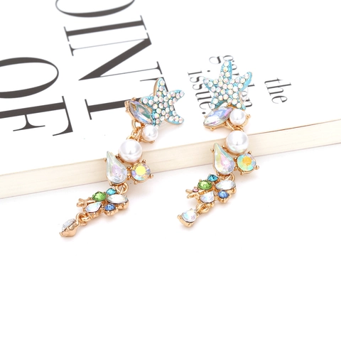 Pendientes Largos De Borla Con Estrella De Mar Aleación Dorada Brillantes Coloridos Perla Artificial De Imitación Estilo Océano Mujeres