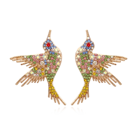 Colorful Rhinestone Hummingbird Stud Earrings Vintage Alloy Animal Jewelry For Women Fashion Accessory