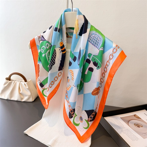 Women Horse Chain Print Square Scarf Imitation Satin Satin Versatile Elegant Headscarf Shawl