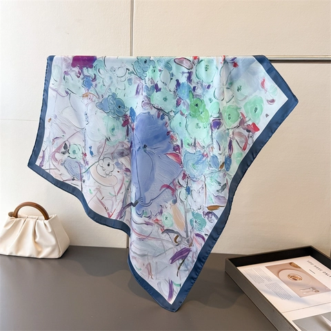 Oil Painting Floral Print Square Scarf Satin Like Satin Neck Kerchief Elegant Bandana Fashion Headscarf For Women