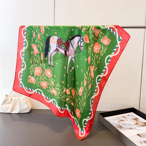 Square Scarf Equestrian Print Imitation Satin Satin Floral Retro Style Headscarf Neck Wrap For Women