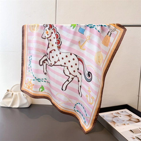 Sciarpa Quadrata Con Stampa Equestre E Nautica Raso Sintetica Elegante Motivo A Cavallo Foulard Per Collo E Testa Donna