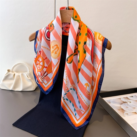 Sciarpa Quadrata Con Stampa Equestre E Nautica Raso Sintetica Elegante Motivo A Cavallo Foulard Per Collo E Testa Donna