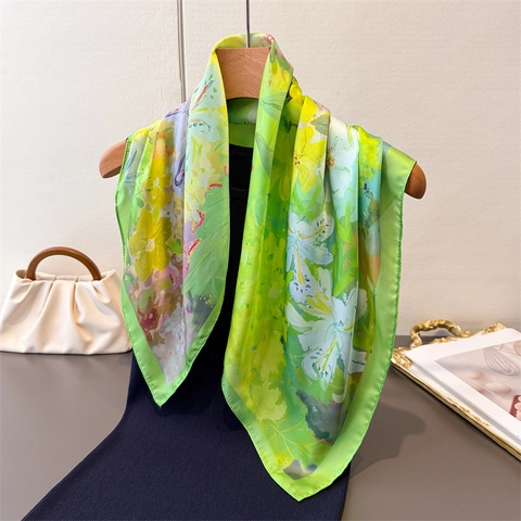 Foulard Quadrato Satin Effetto Raso Stampa Floreale Pittura A Olio Sciarpa Versatile Elegante Per Donna Morbido Liscio