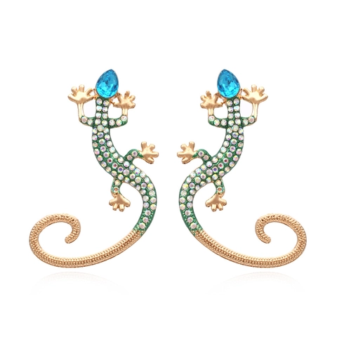 Vintage Gecko Lizard Stud Earrings Gold Alloy Green Rhinestone Blue Gemstone Animal Motif Fashion Jewelry For Women