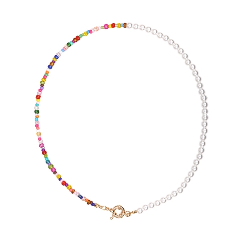 Asymmetric Beaded Necklace Colorful Seed Beads And Imitation Artificial Pearls Handmade Bohemian Clavicle Chain For Women