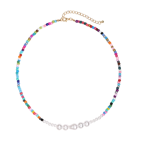 Handmade Colorful Seed Beads Necklace With White Faux Artificial Pearls Bohemian Geometric Choker For Women Adjustable Gold Plated