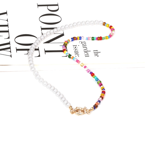 Asymmetric Beaded Necklace Colorful Seed Beads And Imitation Artificial Pearls Handmade Bohemian Clavicle Chain For Women