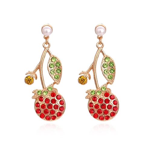 Alloy Rhinestone Cherry Fruit Shape Drop Earrings With Faux Artificial Pearl Dangle Sweet Jewelry For Women