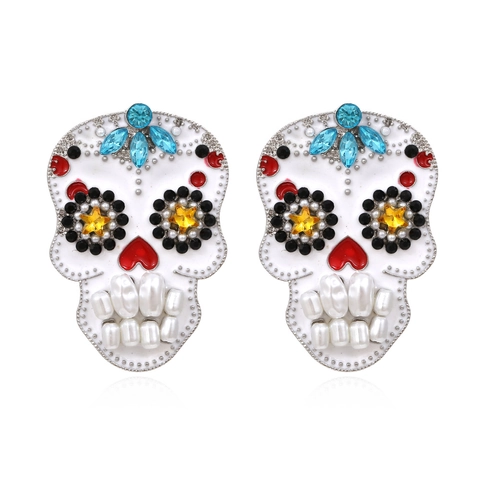 Sugar Skull Alloy Rhinestone And Faux Artificial Pearl Earrings Vintage Enamel Day Of The Dead Festive Party Jewelry For Women