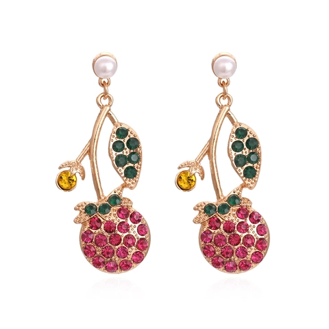 Alloy Rhinestone Cherry Fruit Shape Drop Earrings With Faux Artificial Pearl Dangle Sweet Jewelry For Women