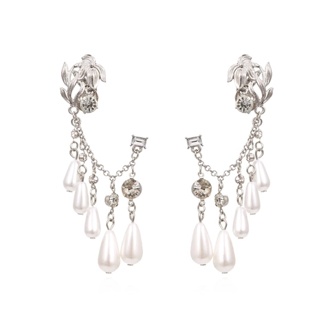 Vintage Floral Leaf Long Tassel Drop Earrings With Alloy Rhinestone And White Imitation Artificial Pearls Elegant For Women