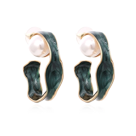 Pendientes De Aro En Forma De C Torcidos Aleación Esmalte Textura Mármol Con Perla Artificial De Imitación Joyería Geométrica Mujer
