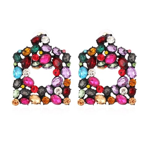 Geometric Square Statement Earrings Alloy Colorful Rhinestones Hollow Out Vintage Bohemian Style Fashion Jewelry For Women