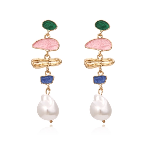 Irregular Geometric Dangle Earrings Zinc Alloy Enamel Multi Color Artificial Baroque Pearl Artistic Long Drop Earrings For Women