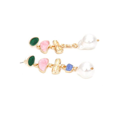 Irregular Geometric Dangle Earrings Zinc Alloy Enamel Multi Color Artificial Baroque Pearl Artistic Long Drop Earrings For Women