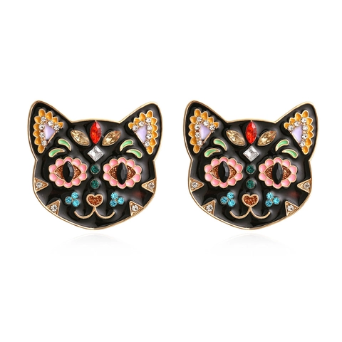 Cat Head Stud Earrings Alloy Colorful Rhinestone Black Enamel Vintage Bohemian Animal Jewelry Novelty For Women