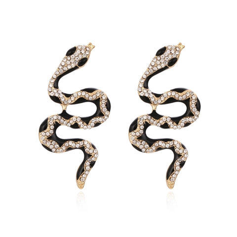 Vintage Snake Stud Earrings Exaggerated Alloy Animal Jewelry With Rhinestone And Enamel Gold Tone For Women