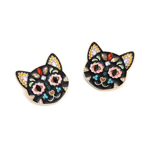 Cat Head Stud Earrings Alloy Colorful Rhinestone Black Enamel Vintage Bohemian Animal Jewelry Novelty For Women