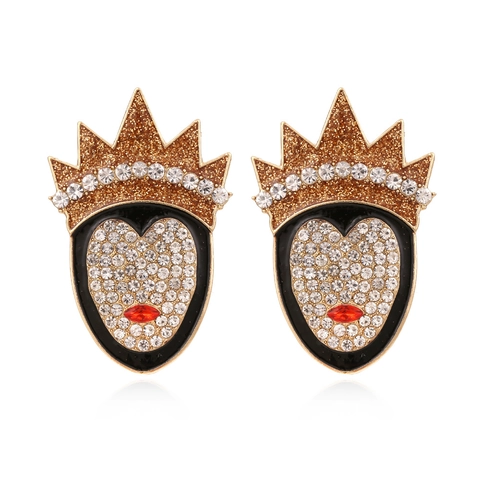 Creative Cartoon Queen Face Stud Earrings Alloy Enamel Crown Rhinestone Heart Shape Exaggerated Jewelry For Women