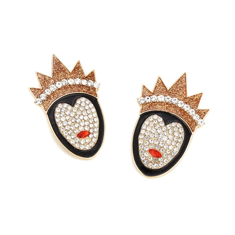 Creative Cartoon Queen Face Stud Earrings Alloy Enamel Crown Rhinestone Heart Shape Exaggerated Jewelry For Women