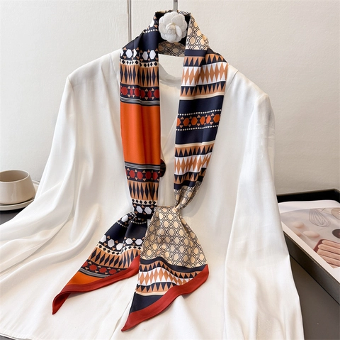 Geometrisch Bedruckter Schmaler Band Schal Eleganter Doppellagiger Satinnähnlicher Polyester Halstuch Haarband Für Damen