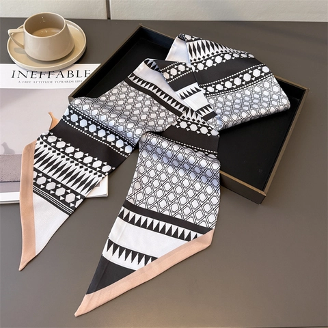 Geometrisch Bedruckter Schmaler Band Schal Eleganter Doppellagiger Satinnähnlicher Polyester Halstuch Haarband Für Damen