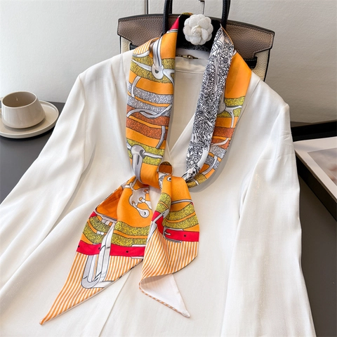 Narrow Neck Scarf Women Equestrian Print Chain Pattern Double Layer Polyester Ribbon Hair Band Streamer