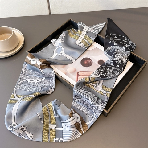 Narrow Neck Scarf Women Equestrian Print Chain Pattern Double Layer Polyester Ribbon Hair Band Streamer