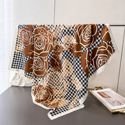 Elegant Houndstooth Rose Print Large Square Scarf Polyester Satin Satin Professional Headscarf Neck Scarf For Women Retro