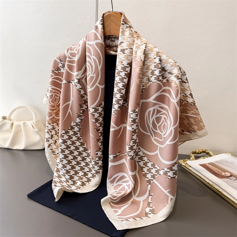 Elegant Houndstooth Rose Print Large Square Scarf Polyester Satin Satin Professional Headscarf Neck Scarf For Women Retro