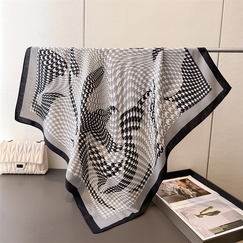 Houndstooth Pattern Square Scarf Imitation Satin Vintage Print Large Shawl For Women Elegant Neck Head Accessory