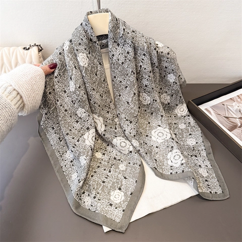 Camellia Printed Square Scarf Women Polyester Herringbone Texture French Elegant Retro Floral Shawl Headscarf Wrap