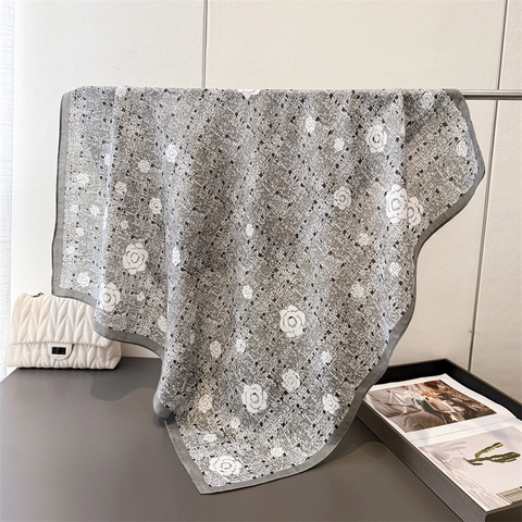 Camellia Printed Square Scarf Women Polyester Herringbone Texture French Elegant Retro Floral Shawl Headscarf Wrap