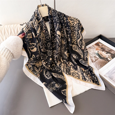 Grand Carré De Satin Rétro À Imprimé Paisley Polyester Élégant Châle Mode Foulard