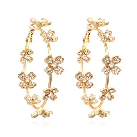 Hoop Earrings Alloy Flower Rhinestone Golden Retro Elegant Large Circle Fashion Jewelry Accessories For Women Gift
