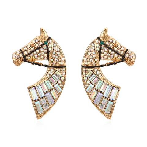Vintage Horse Head Stud Earrings Zinc Alloy Gold Plated Statement Colorful Rhinestone Animal Ear Jewelry For Women